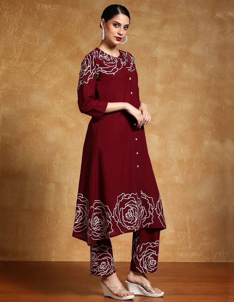 Floral Printed Mandarin Collar A-Line Pure Cotton Kurta With Trousers