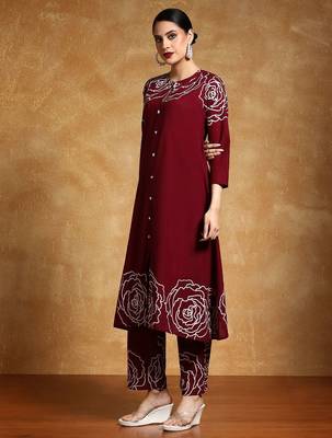Floral Printed Mandarin Collar A-Line Pure Cotton Kurta With Trousers 1