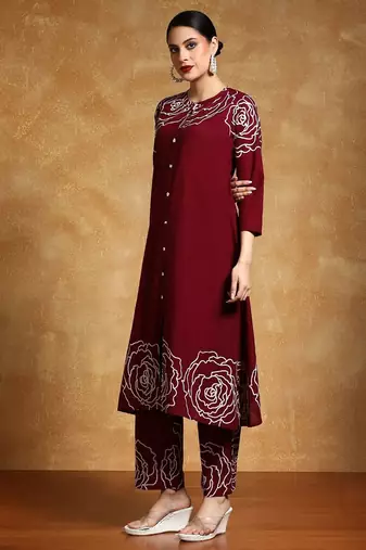 Floral Printed Mandarin Collar A-Line Pure Cotton Kurta With Trousers