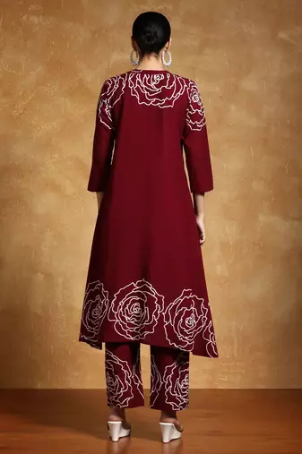 Floral Printed Mandarin Collar A-Line Pure Cotton Kurta With Trousers