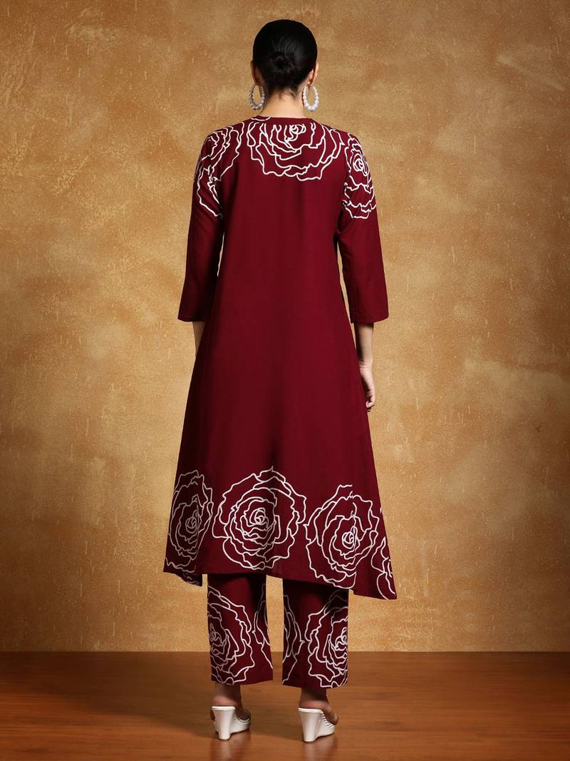 Floral Printed Mandarin Collar A-Line Pure Cotton Kurta With Trousers