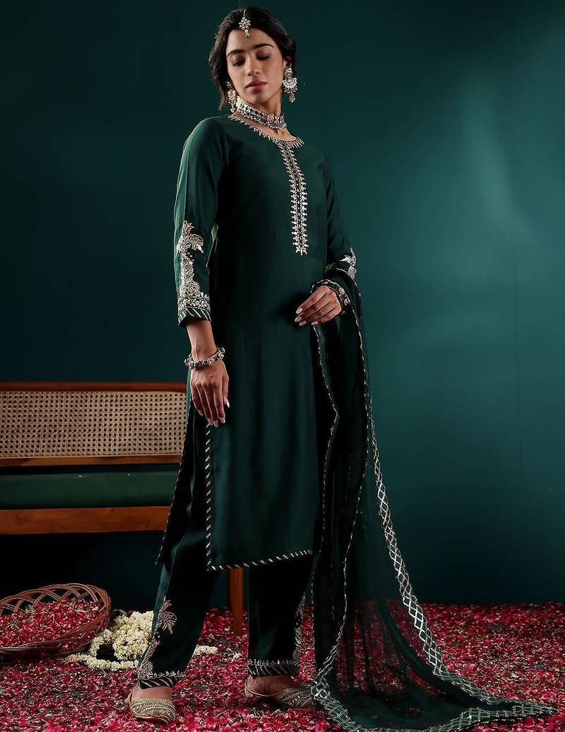 Women Ethnic Motifs Embroidered Regular Kurta with Trousers & With Dupatta