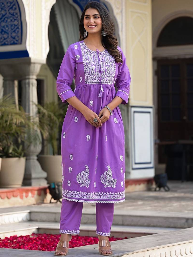 Ethnic Motifs Embroidered Thread Work Pure Cotton Kurta with Trousers & Dupatta
