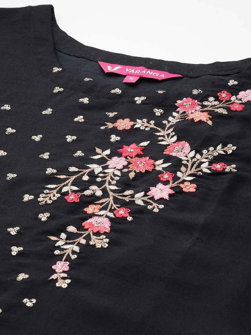 Floral Embroidered Thread Work Kurta with Trousers & Dupatta