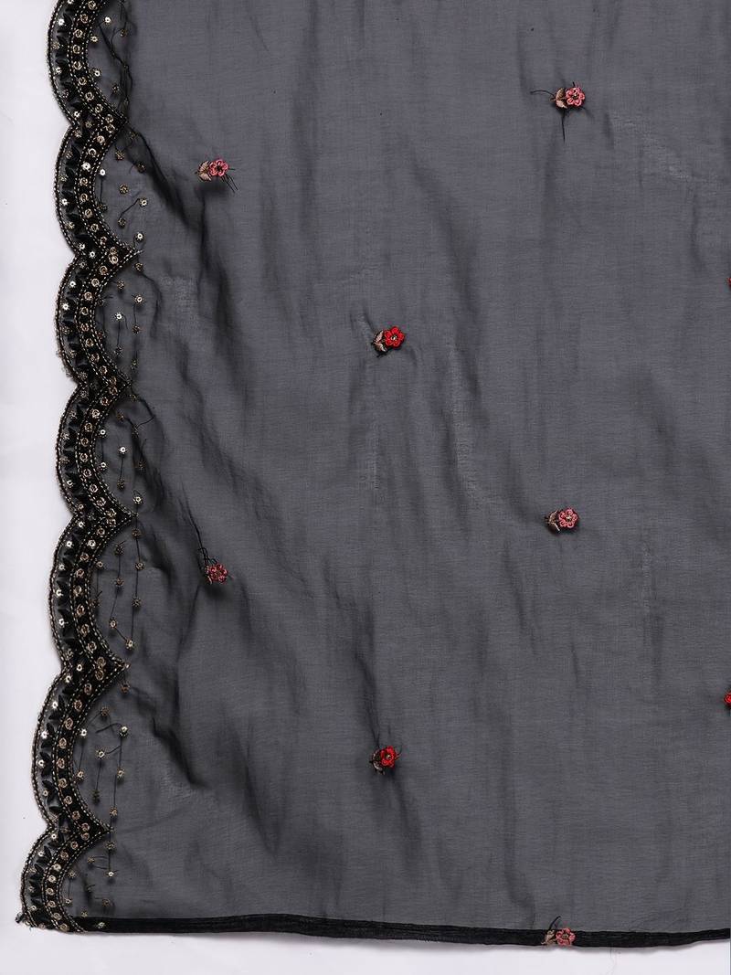 Floral Embroidered Thread Work Kurta with Trousers & Dupatta