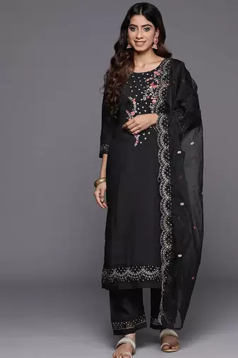 Floral Embroidered Thread Work Kurta with Trousers & Dupatta