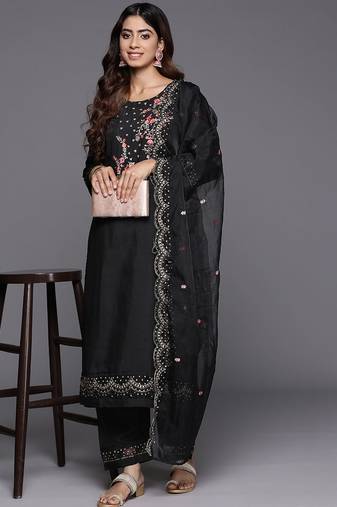 Floral Embroidered Thread Work Kurta with Trousers & Dupatta