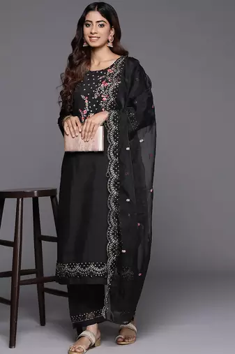 Floral Embroidered Thread Work Kurta with Trousers & Dupatta
