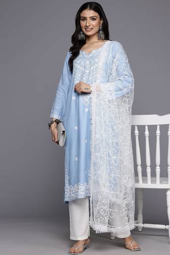 Floral Embroidered Thread Work Kurta With Trousers & Dupatta