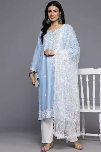 Floral Embroidered Thread Work Kurta With Trousers & Dupatta