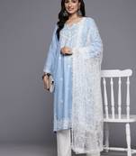 Floral Embroidered Thread Work Kurta With Trousers & Dupatta