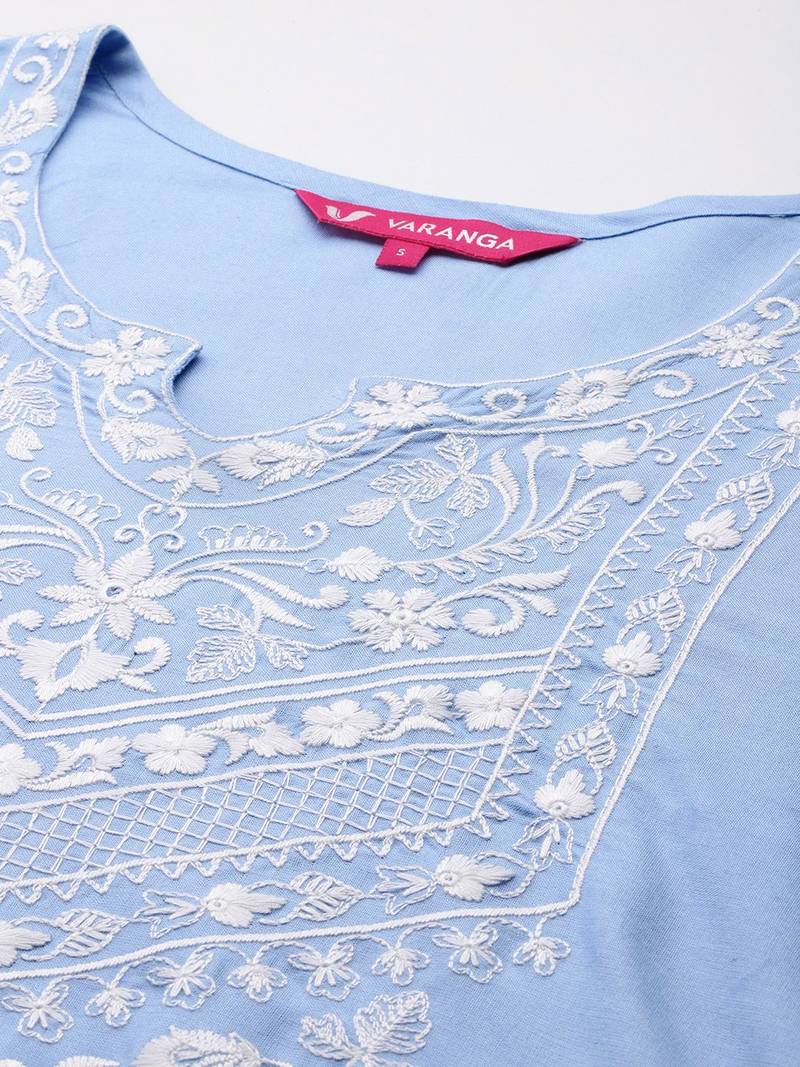 Floral Embroidered Thread Work Kurta With Trousers & Dupatta