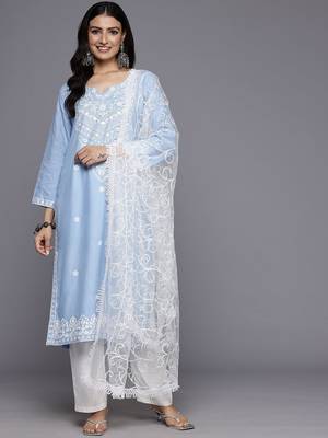 Floral Embroidered Thread Work Kurta With Trousers & Dupatta 5