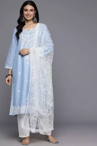 Floral Embroidered Thread Work Kurta With Trousers & Dupatta