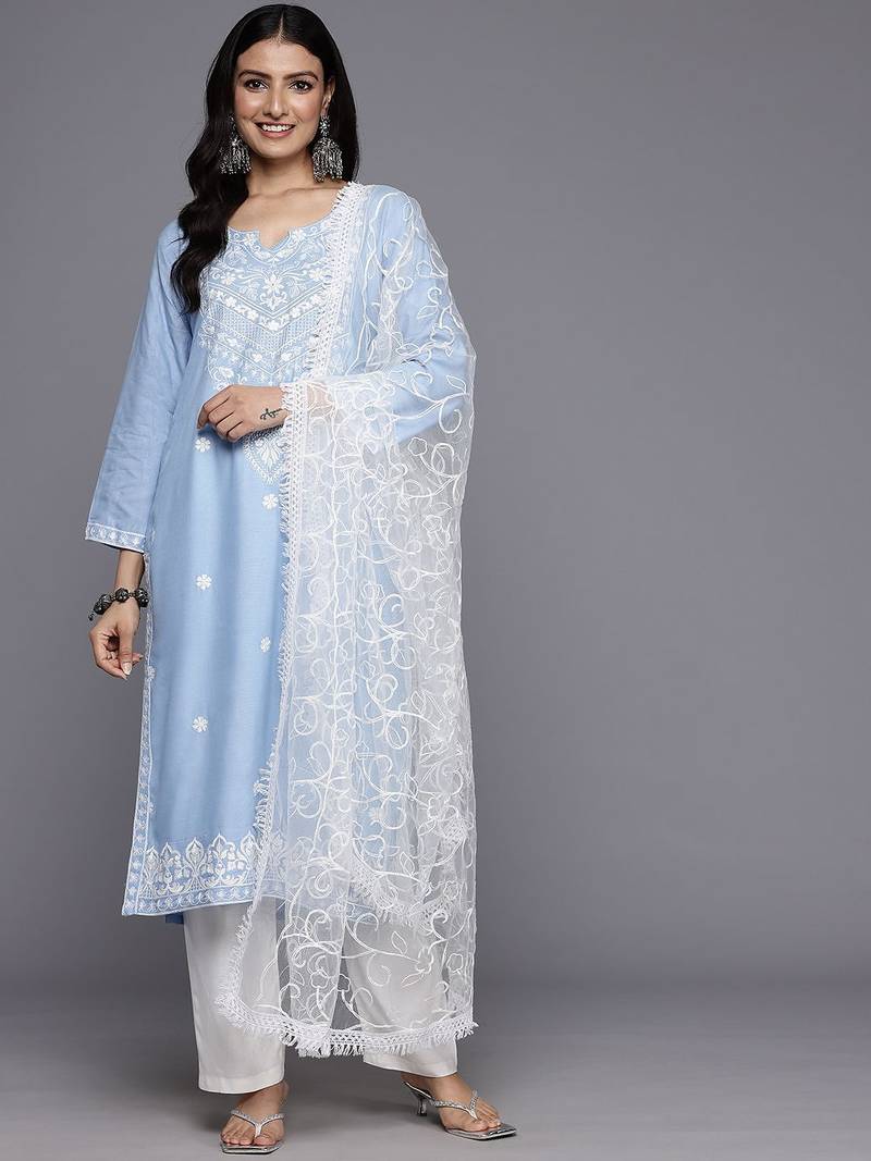Floral Embroidered Thread Work Kurta With Trousers & Dupatta