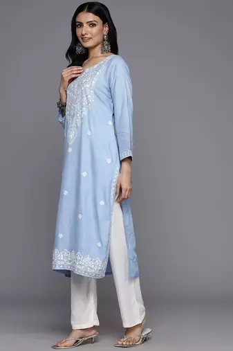 Floral Embroidered Thread Work Kurta With Trousers & Dupatta