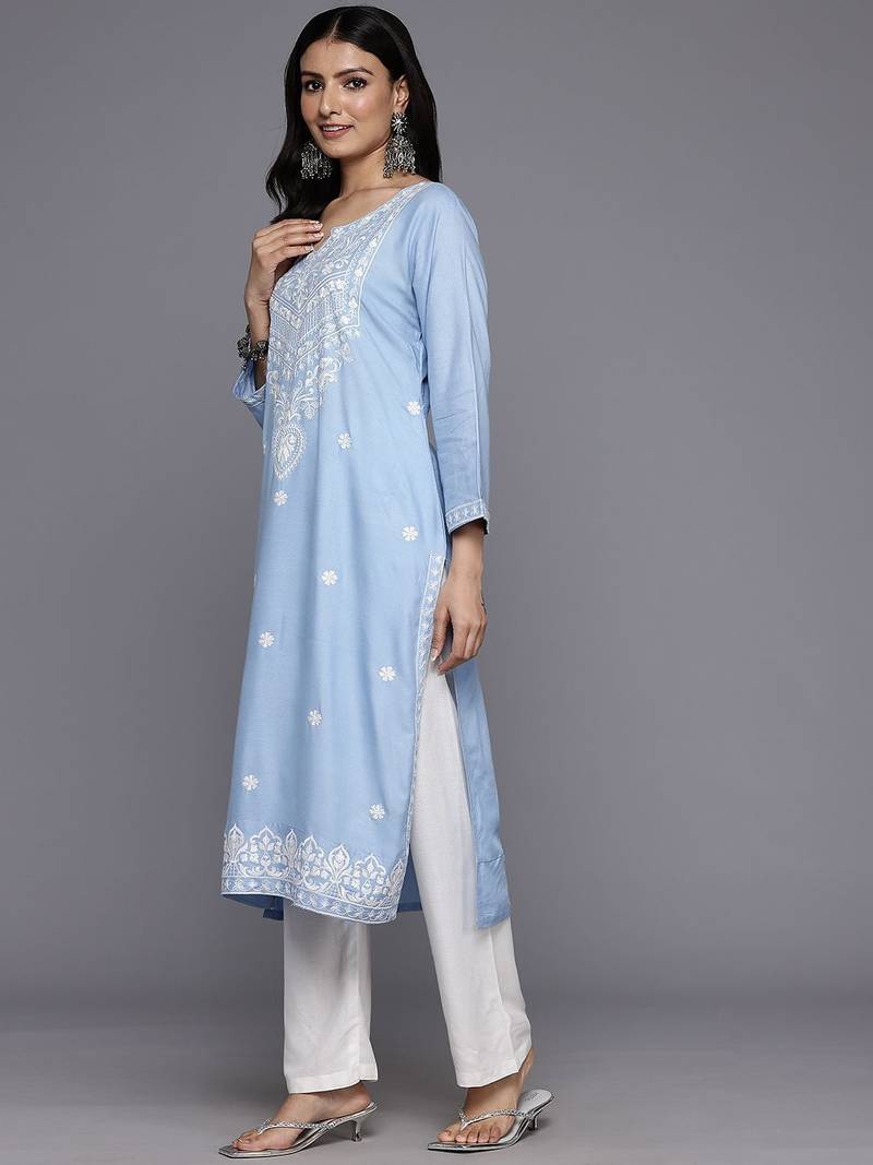 Floral Embroidered Thread Work Kurta With Trousers & Dupatta