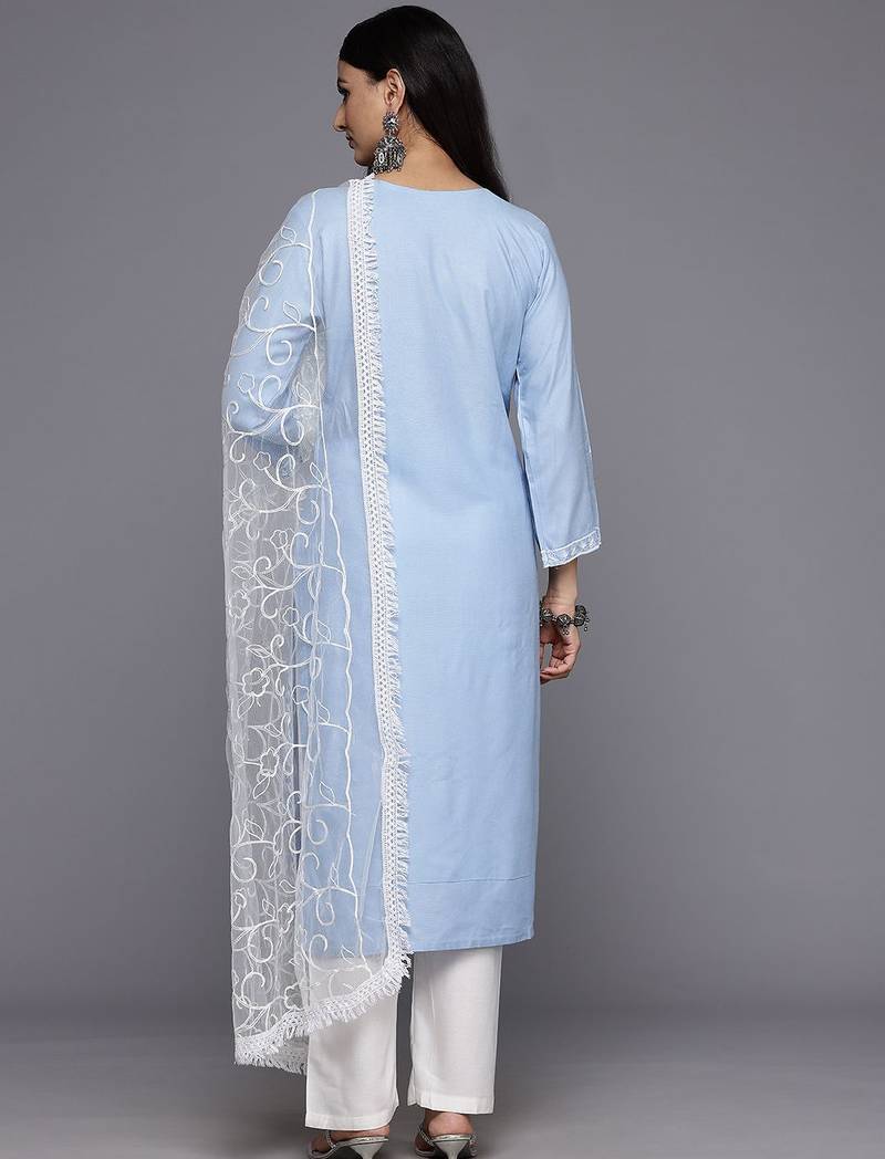 Floral Embroidered Thread Work Kurta With Trousers & Dupatta