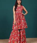 Women Floral Printed Regular Thread Work Pure Cotton Kurta with Sharara