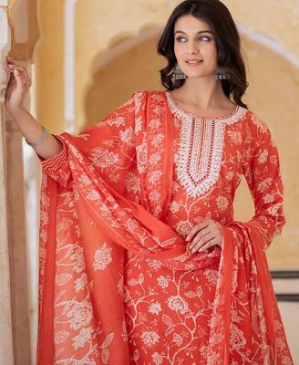 Floral Printed Regular Thread Work Kurta with Trousers & With Dupatta 6