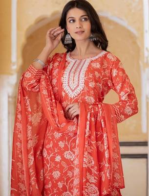 Floral Printed Regular Thread Work Kurta with Trousers & With Dupatta 7