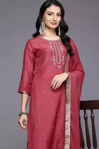 Ethnic Motifs Yoke Design Sequinned Kurta With Trousers & Dupatta