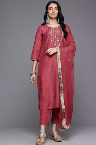 Ethnic Motifs Yoke Design Sequinned Kurta With Trousers & Dupatta