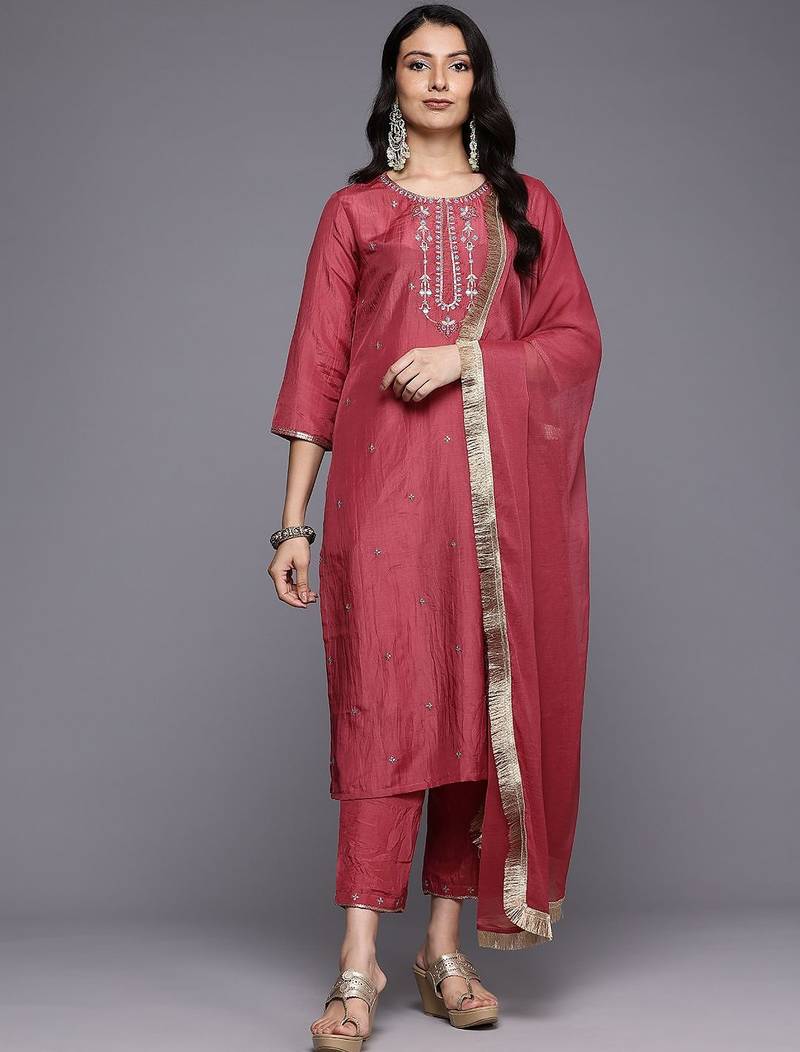 Ethnic Motifs Yoke Design Sequinned Kurta With Trousers & Dupatta