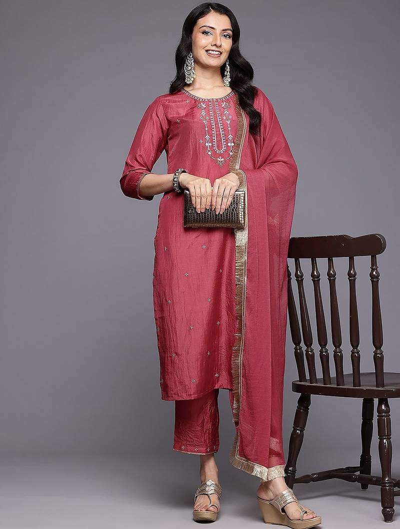 Ethnic Motifs Yoke Design Sequinned Kurta With Trousers & Dupatta