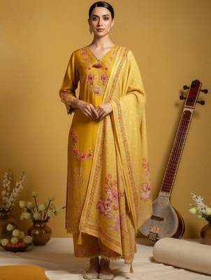 Women Floral Embroidered Regular Thread Work Pure Cotton Kurta with Trousers & With Dupatta 1