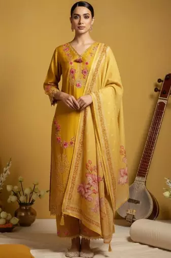Women Floral Embroidered Regular Thread Work Pure Cotton Kurta with Trousers & With Dupatta