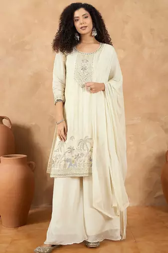 Women Ethnic Motifs Embroidered Regular Thread Work Kurta with Palazzos & With Dupatta