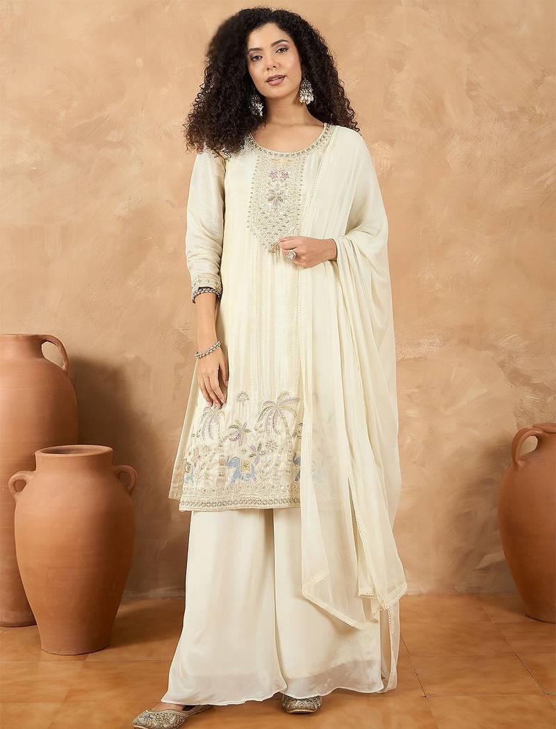 Women Ethnic Motifs Embroidered Regular Thread Work Kurta with Palazzos & With Dupatta