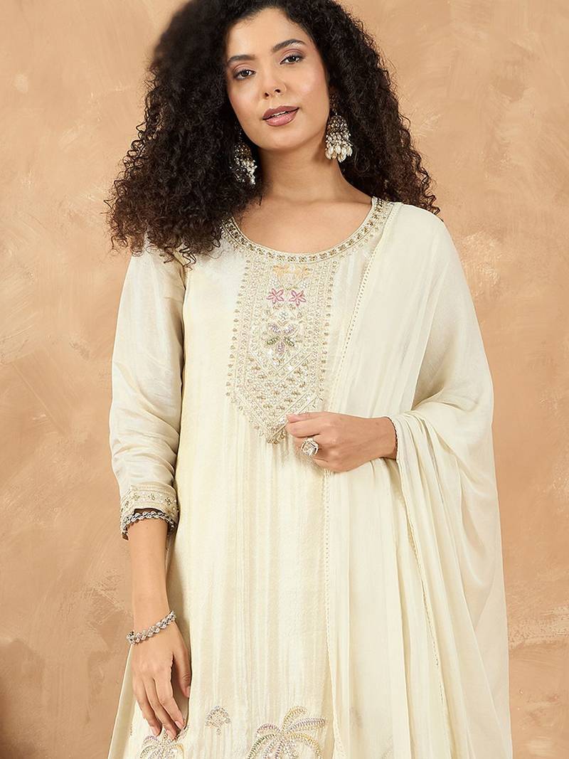 Women Ethnic Motifs Embroidered Regular Thread Work Kurta with Palazzos & With Dupatta