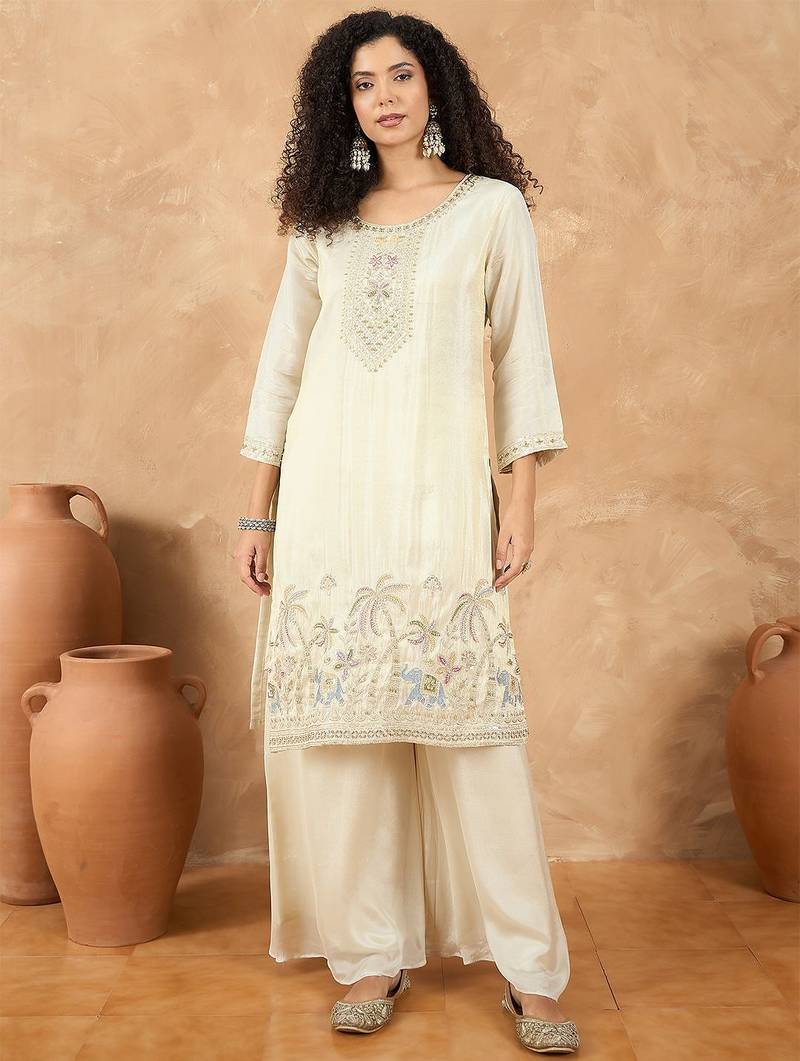 Women Ethnic Motifs Embroidered Regular Thread Work Kurta with Palazzos & With Dupatta
