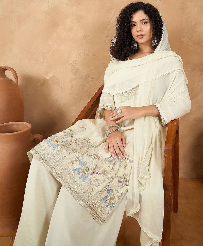 Women Ethnic Motifs Embroidered Regular Thread Work Kurta with Palazzos & With Dupatta