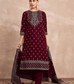 Women Ethnic Motifs Embroidered Regular Thread Work Velvet Kurta with Trousers & With Dupatta