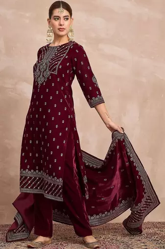 Women Ethnic Motifs Embroidered Regular Thread Work Velvet Kurta with Trousers & With Dupatta