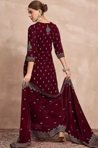Women Ethnic Motifs Embroidered Regular Thread Work Velvet Kurta with Trousers & With Dupatta