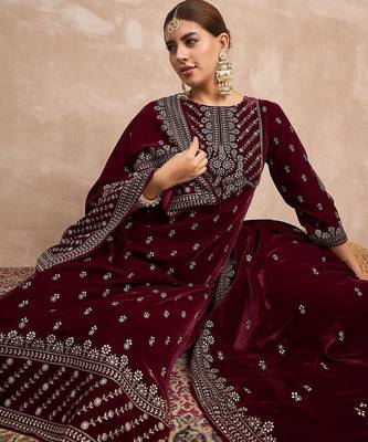 Women Ethnic Motifs Embroidered Regular Thread Work Velvet Kurta with Trousers & With Dupatta 6