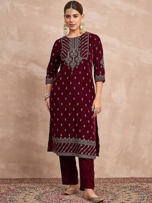Ethnic Motifs Embroidered Zari Velvet Straight Kurta With Trousers & Dupatta 1
