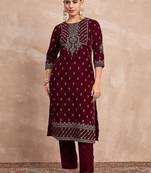 Ethnic Motifs Embroidered Zari Velvet Straight Kurta With Trousers & Dupatta