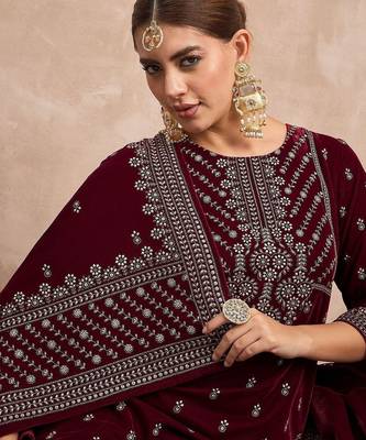 Ethnic Motifs Embroidered Zari Velvet Straight Kurta With Trousers & Dupatta 4