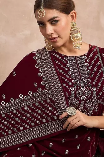 Ethnic Motifs Embroidered Zari Velvet Straight Kurta With Trousers & Dupatta