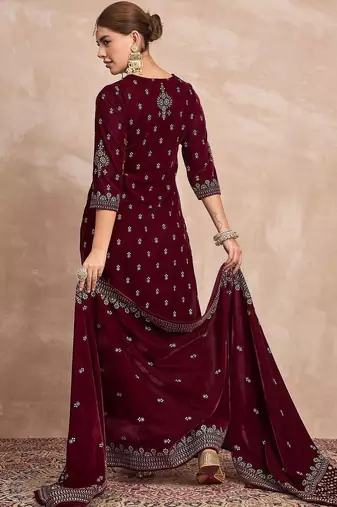 Ethnic Motifs Embroidered Zari Velvet Straight Kurta With Trousers & Dupatta