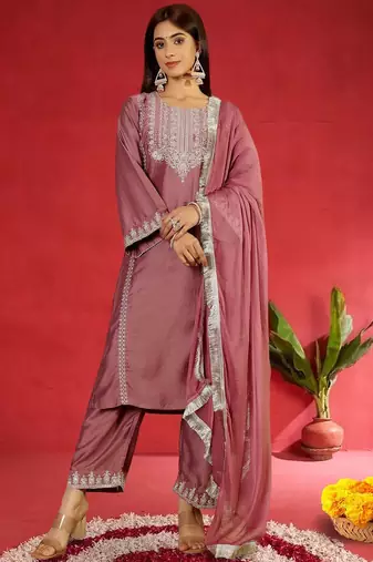 Floral Embroidered Round Neck Zari Straight Kurta with Trousers & Dupatta