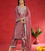 Floral Embroidered Round Neck Zari Straight Kurta with Trousers & Dupatta
