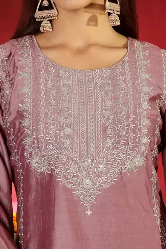 Floral Embroidered Round Neck Zari Straight Kurta with Trousers & Dupatta