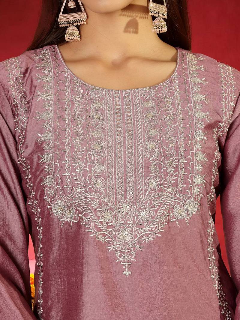 Floral Embroidered Round Neck Zari Straight Kurta with Trousers & Dupatta