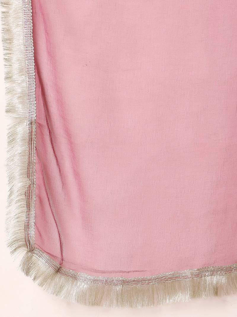 Floral Embroidered Round Neck Zari Straight Kurta with Trousers & Dupatta